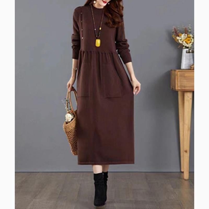 Long-Sleeve Plain Midi Sweater Dress Product Image
