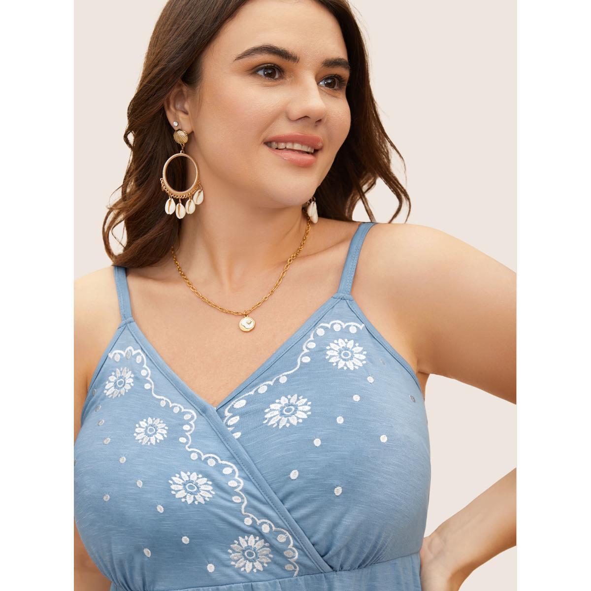 Plus Size Floral Embroidered Overlap Collar Shirred Cami Top Women Stone Resort Overlapping Overlap Collar Vacation Tank Tops Camis BloomChic 28/5X Product Image