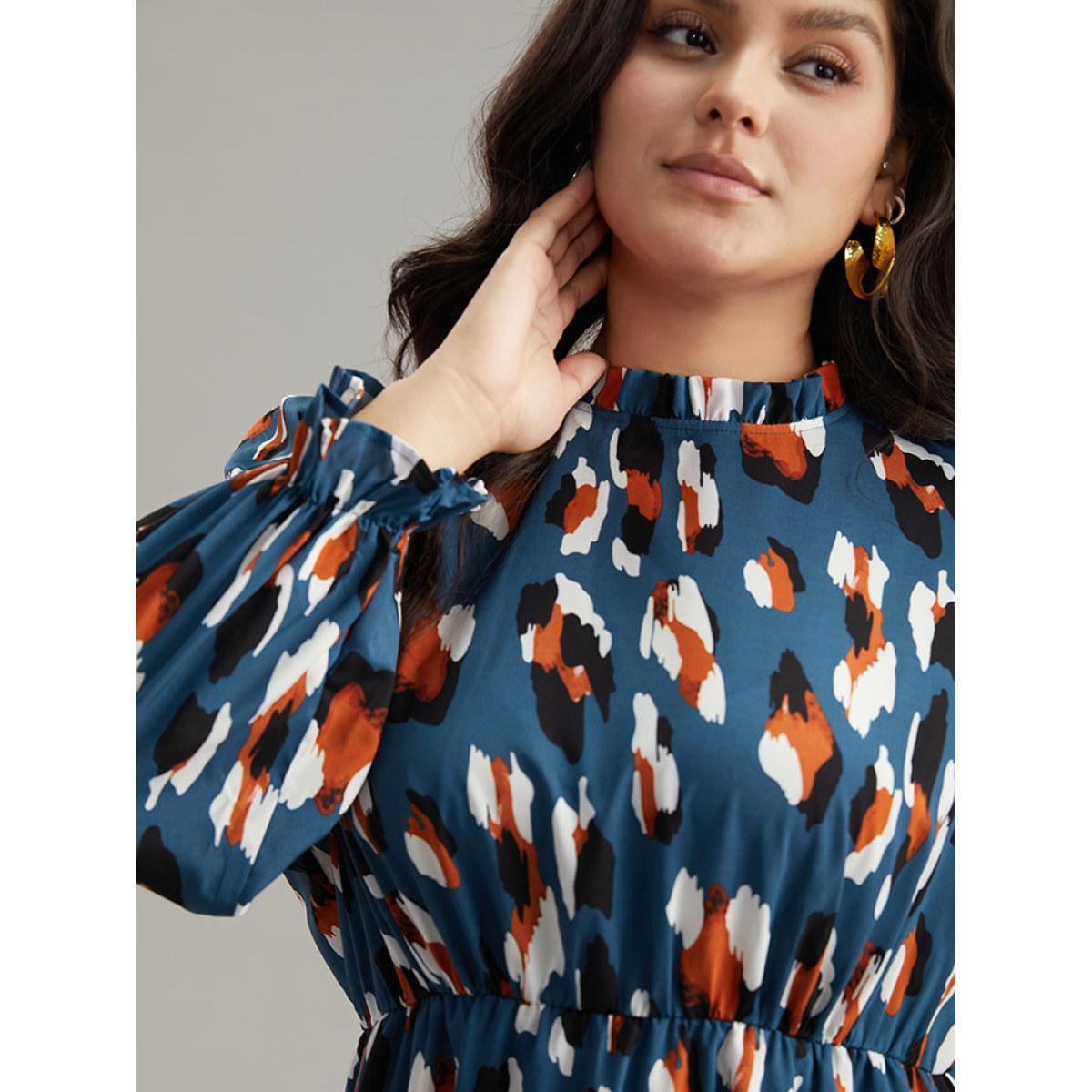 Plus Size Allover Print Stand Collar Pocket Ruffles Dress Aegean Women Office Printed Stand-up collar Long Sleeve Curvy Midi Dress BloomChic 28/5X Product Image