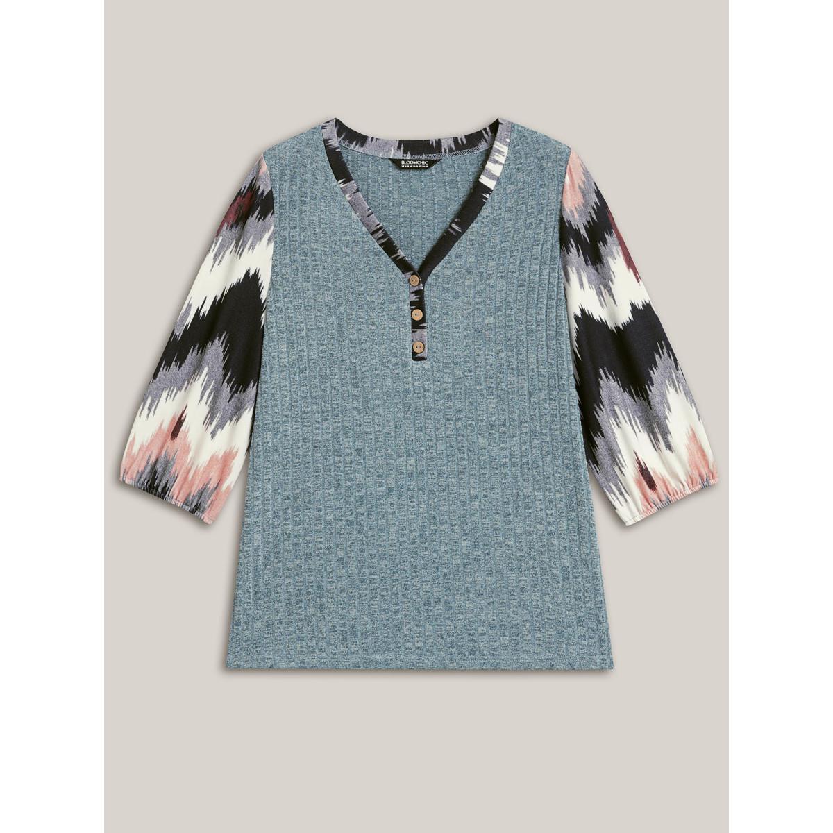 Plus Size Textured Spliced V-Neck T-Shirt Cerulean Women Casual Texture Polo Everyday T-shirts BloomChic 28/5X Product Image