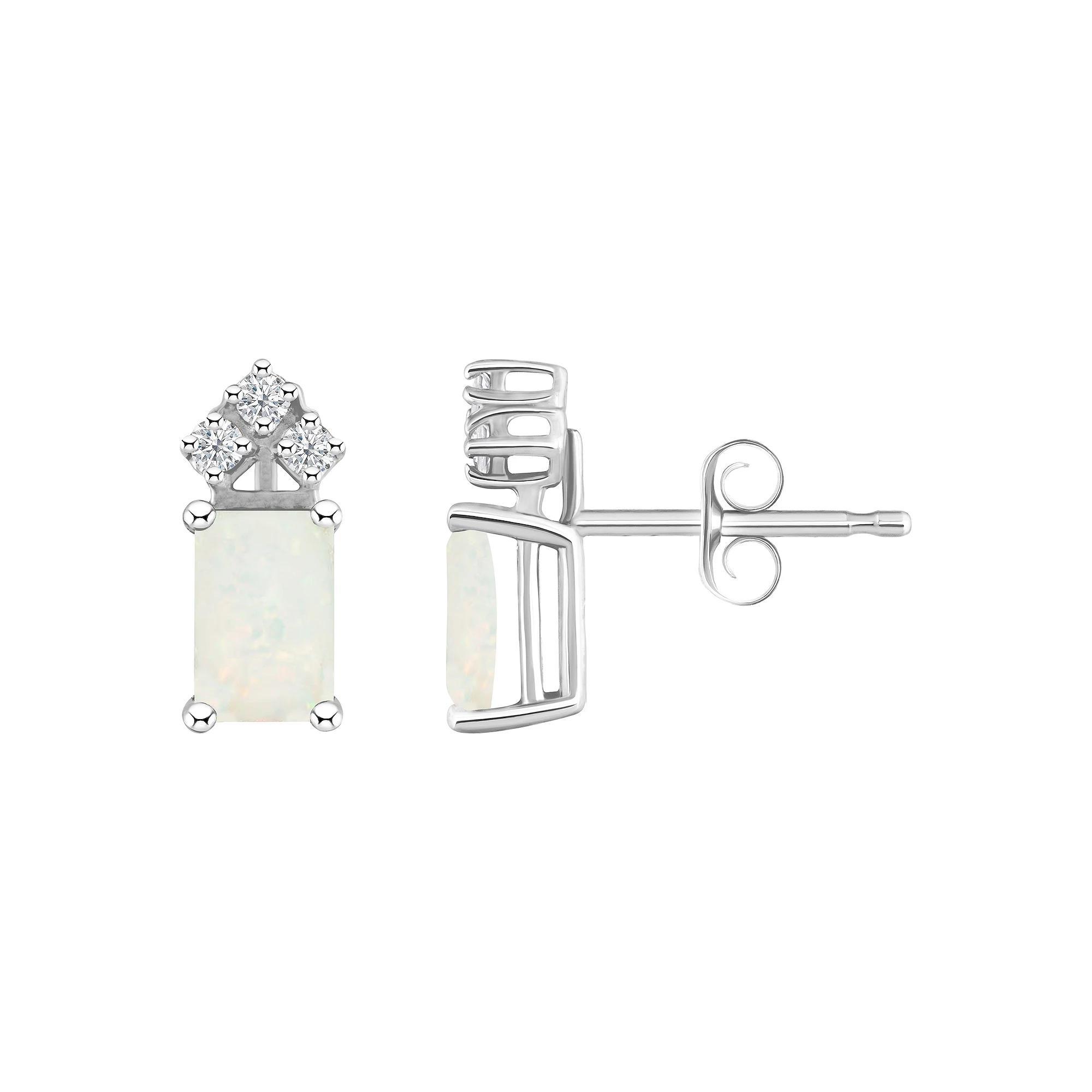 Celebration Gems 14k Gold Emerald Cut White Opal & 1/8 Carat T.W. Diamond Stud Earrings, Womens Product Image