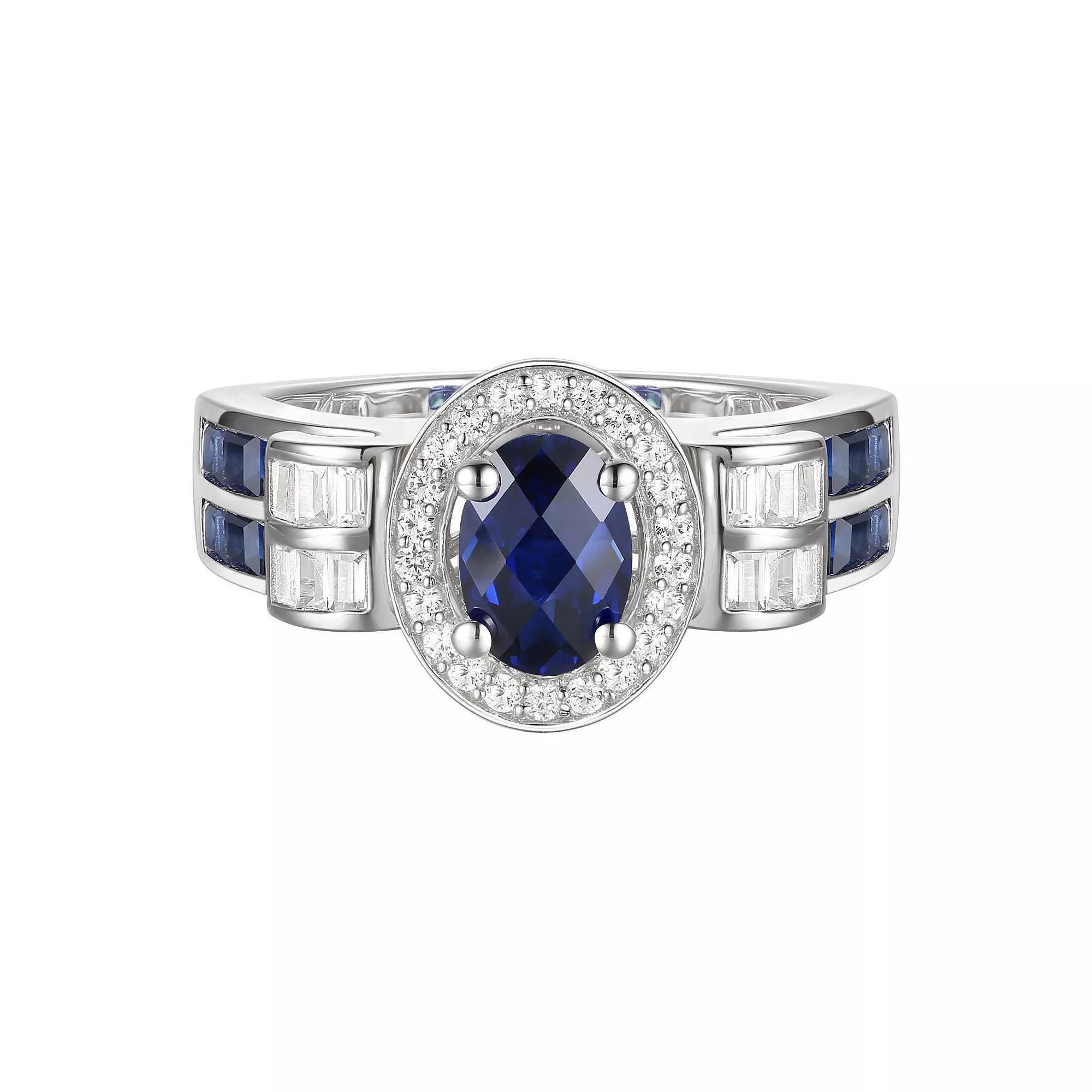 Sterling Silver Lab-Created Blue & White Sapphire Oval Halo Ring, Women's, Size: 7 Product Image