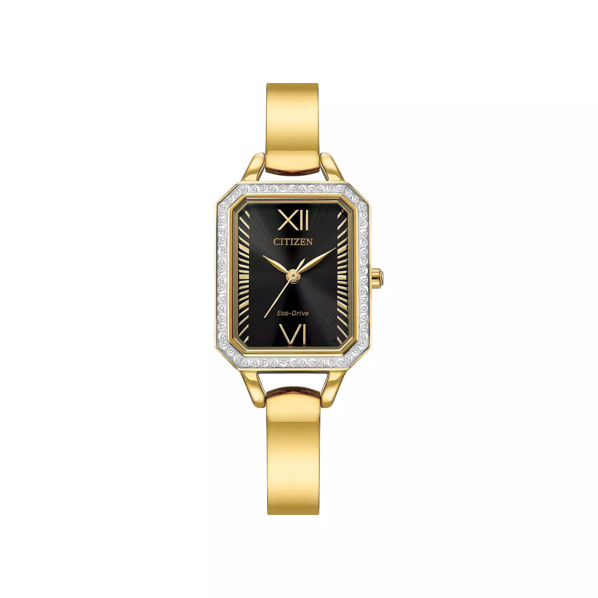 Citizen Eco-Drive Silhouette Crystal Womens Gold Tone Stainless Steel Black Dial Bangle Watch Product Image