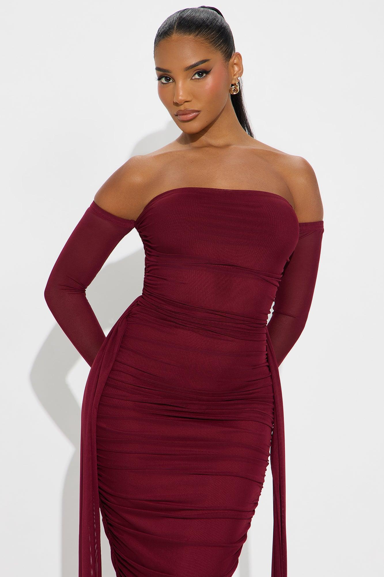 Kourtney Mesh Ruched Maxi Dress - Burgundy Product Image