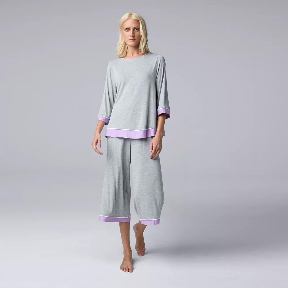 Womens Simply Vera Vera Wang 3/4 Sleeve Crewneck Pajama Top & Pajama Capris Set Grey Grey Product Image