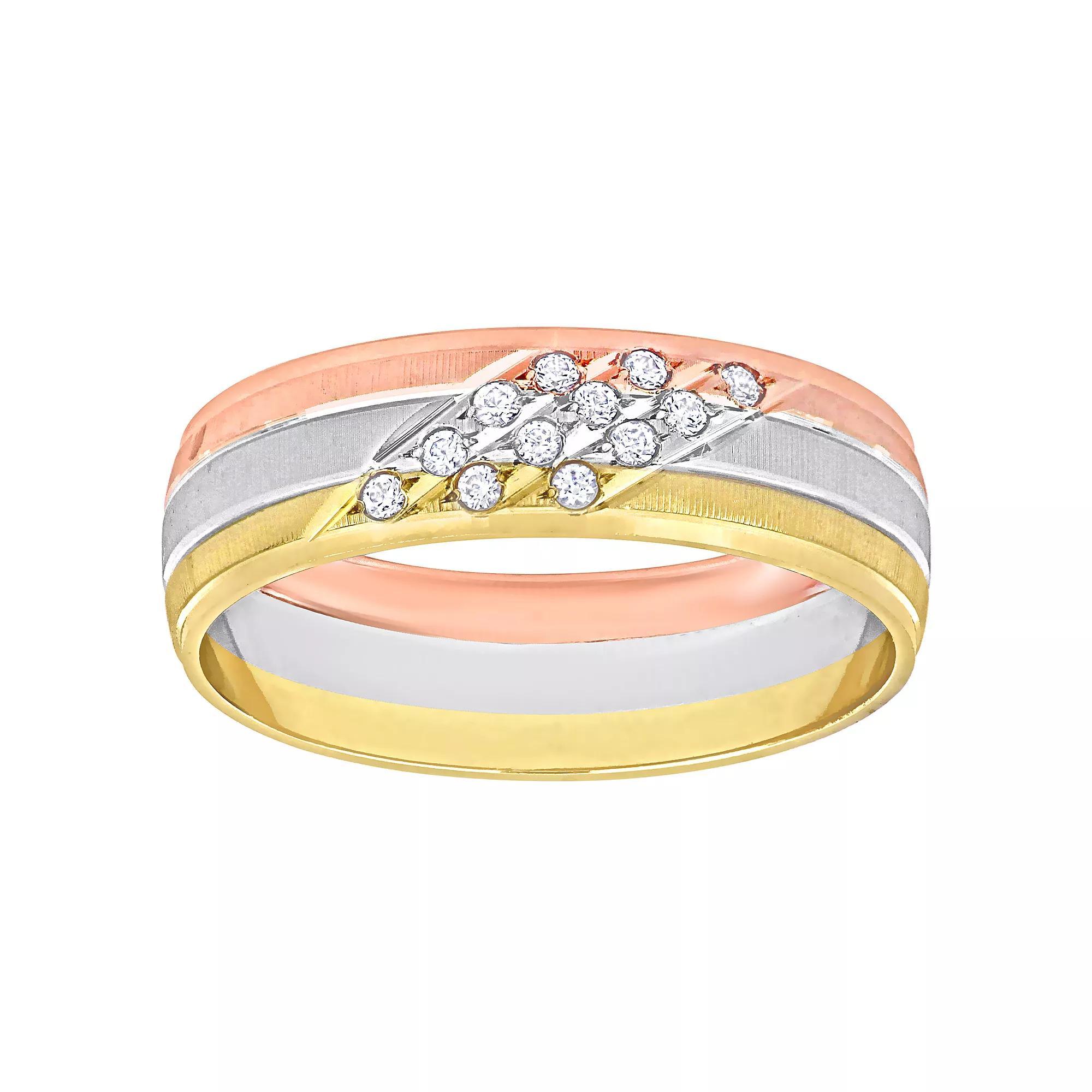 Stella Grace 14k Tri-Tone Gold Mens 6 mm Cubic Zirconia Matte Triple Row Wedding Band, Womens 14k  Tone Product Image