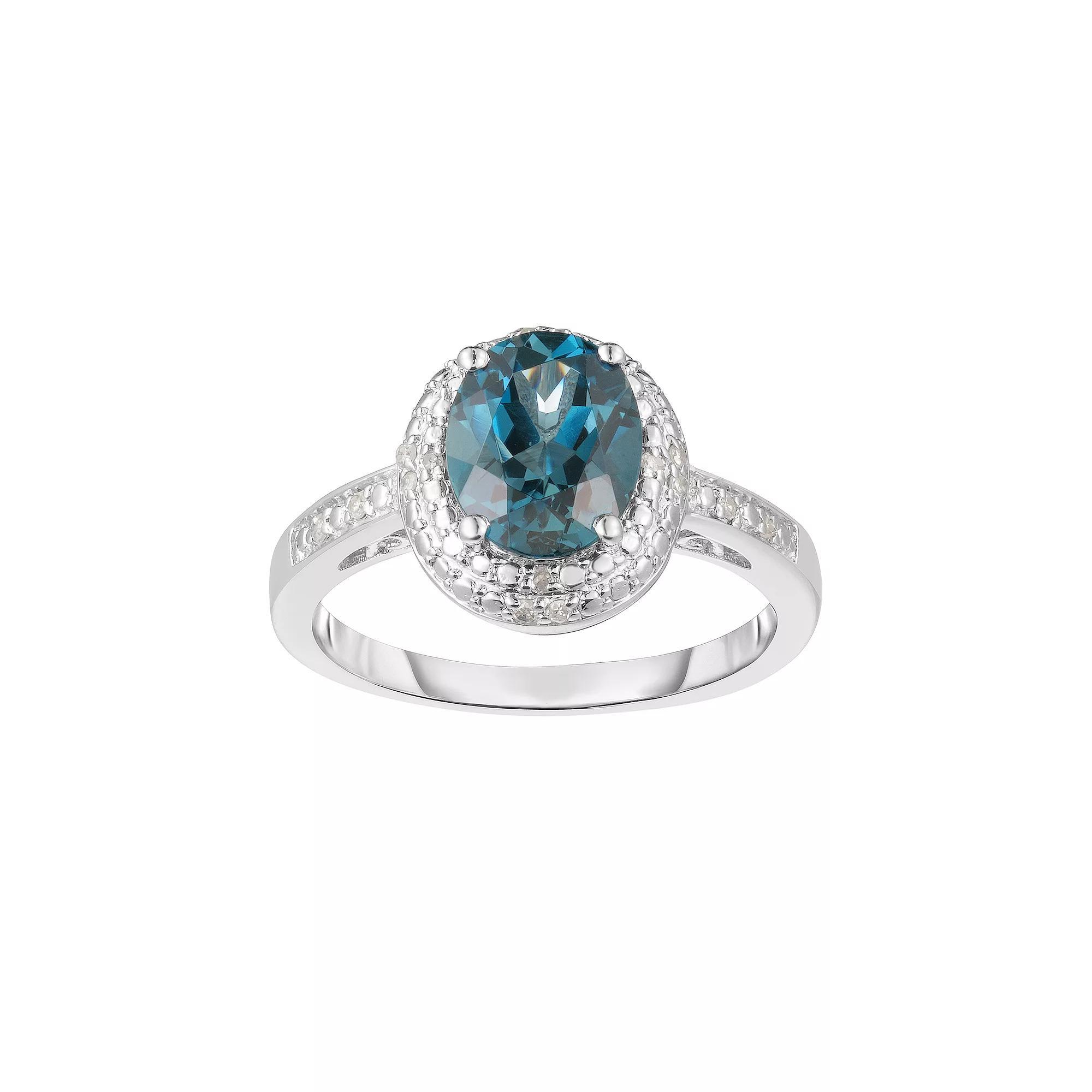 Sterling Silver London Blue Topaz & Diamond Halo Ring, Womens Product Image