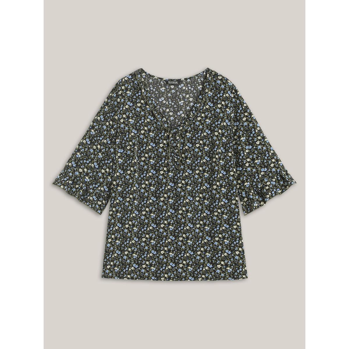 Plus Size Multicolor Ditsy Floral Print Frill Trim Blouse Women Elegant Elbow-length sleeve V-neck Everyday Blouses BloomChic 28/5X Product Image