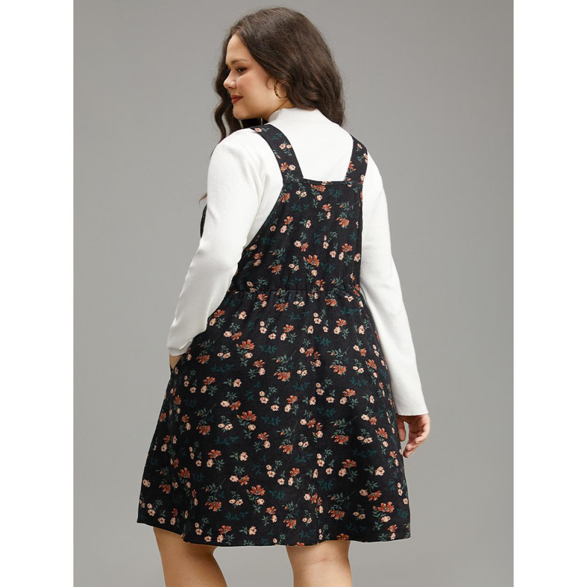 Plus Size Ditsy Floral Corduroy Pocket Zipper Fly Cami Dress Black Women Casual Printed Square Neck Sleeveless Curvy Knee Dress BloomChic 10/M Product Image