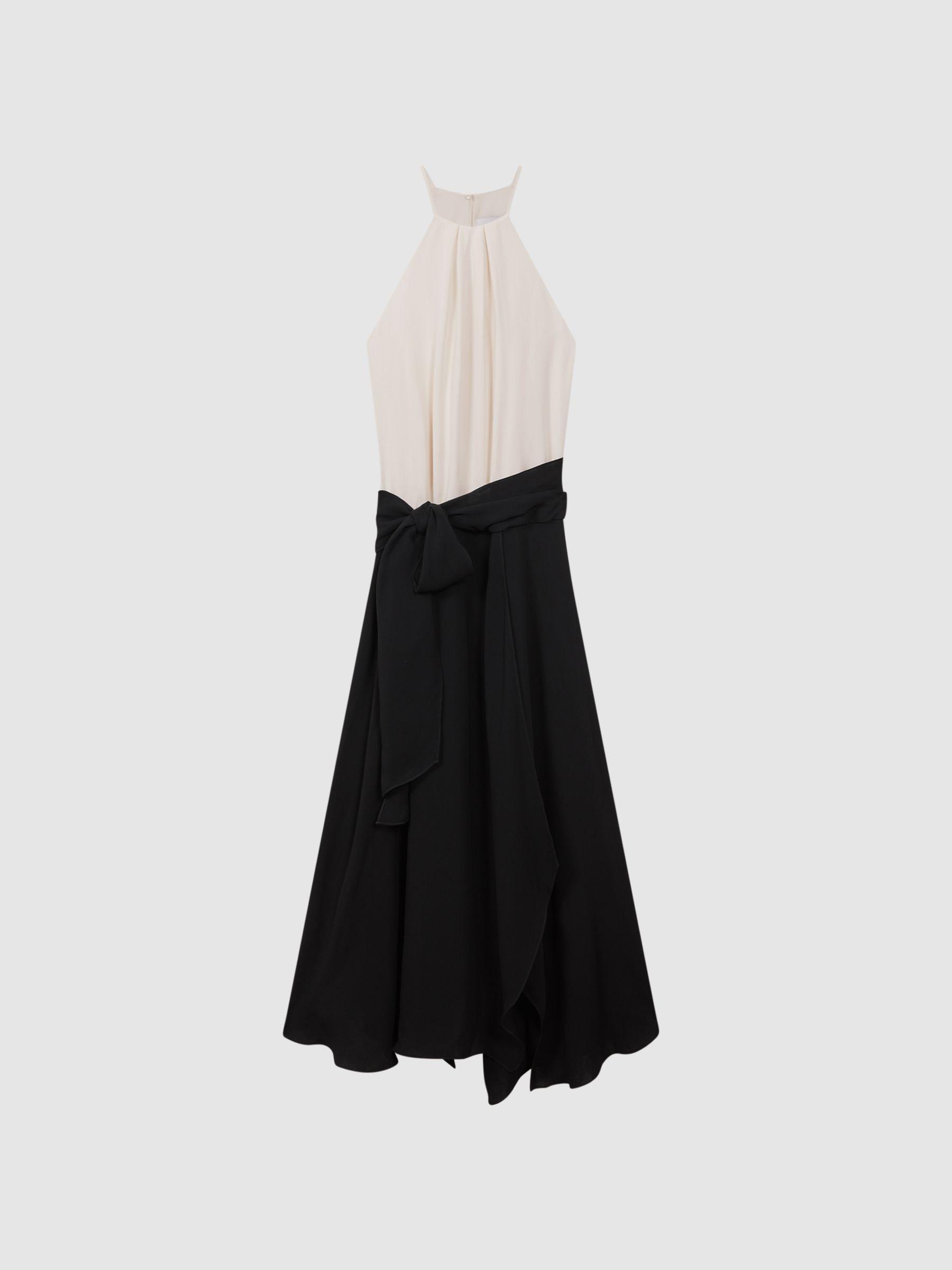 Asymmetric Belted Wrap Midi Dress in Cream/Black Product Image