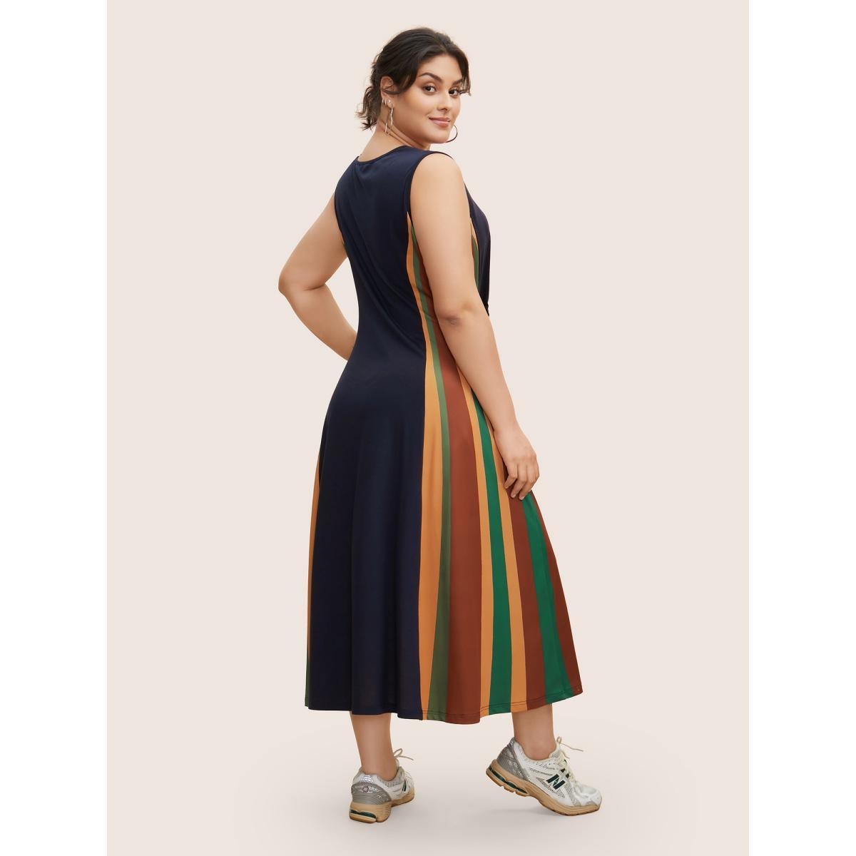 Plus Size Square Neck Patchwork Striped Maxi Dress Navy Women Casual Contrast Square Neck Sleeveless Curvy BloomChic 26/4X Product Image
