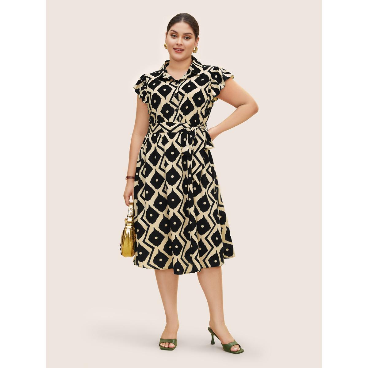 Plus Size Shirt Collar Geometric Ruffle Cap Sleeve Dress Black Women At the Office Belted Shirt collar Cap Sleeve Curvy BloomChic 26/4X Product Image