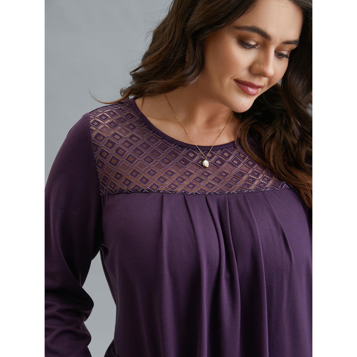 Plus Size Crew Neck Lace Detail Pleated T-Shirt Eggplant Women Elegant See through Round Neck Everyday T-shirts BloomChic 30/6X Product Image