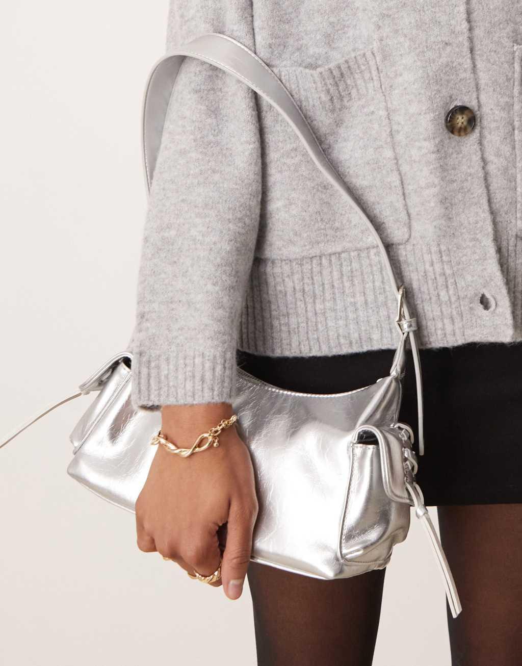 Glamorous pocket detail shoulder bag in metallic silver Product Image