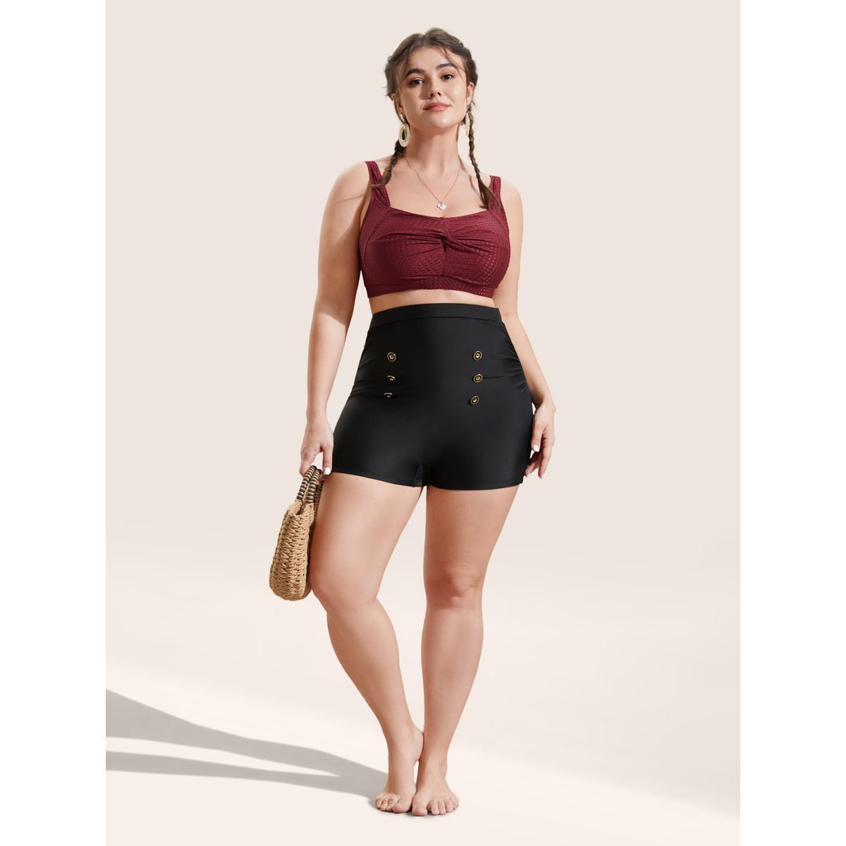 Plus Size Plain Button Detail Skinny Swim Bottom Women's Swimwear Black Beach Button High stretch Skinny High Rise Curve Swim Bottoms BloomChic 18-20/2X Product Image