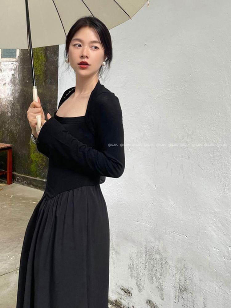 Long-Sleeve Queen Anne Neckline Plain Maxi A-Line Dress Product Image