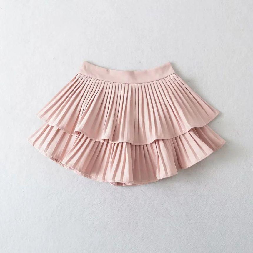 Balletcore High Waist Plain Tiered Accordion Pleated Mini A-Line Skirt Product Image