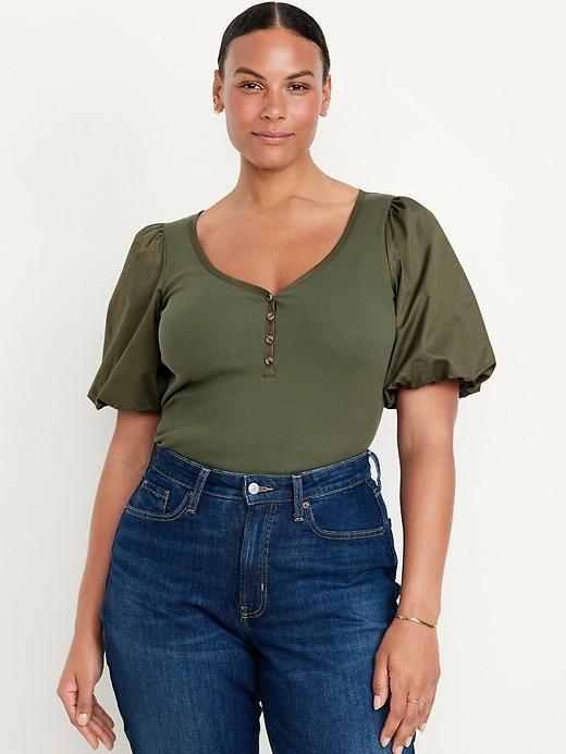Puff-Sleeve Mixed Fabric Top Product Image