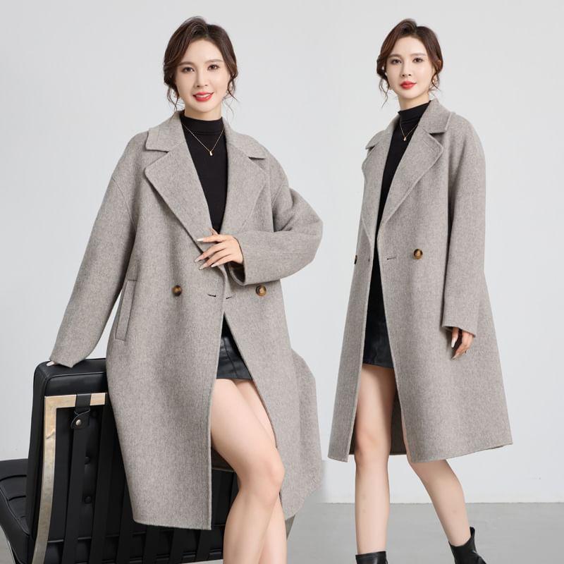 Notch Lapel Plain Double-Breasted Long Coat Product Image