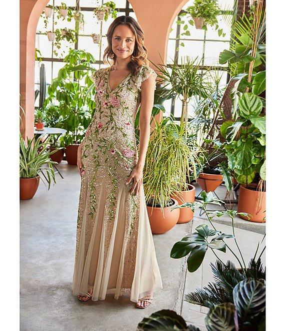 Adrianna Papell Floral Beaded Mesh V-Neck Flutter Sleeve Dress Product Image