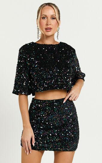 Reah Two Piece Set - Tie Back Top and High Waisted Sequin Mini Skirt in Black Product Image