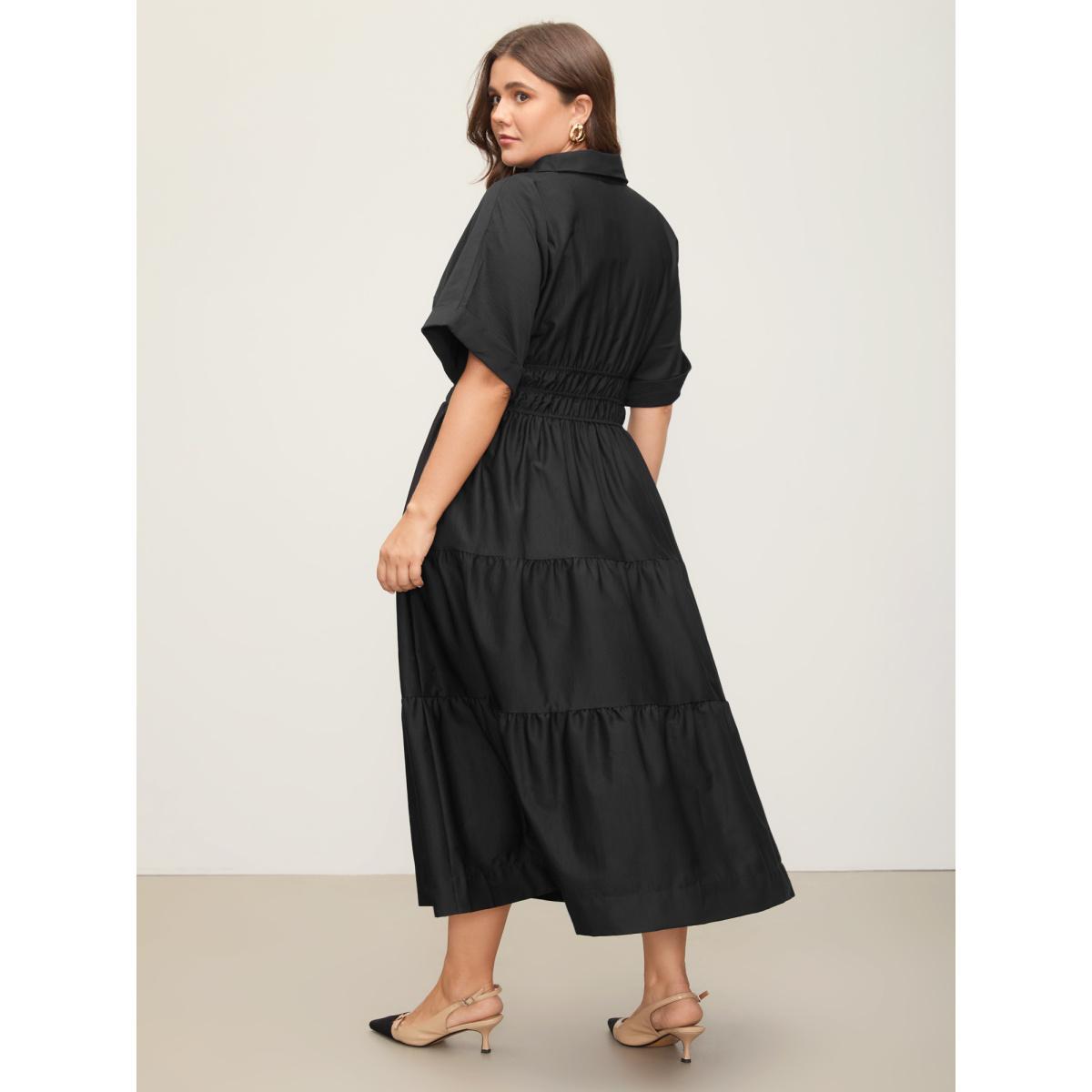 Plus Size Midfield Tiered Midi Shirt Dress Black Women At the Office Gathered Shirt collar Short sleeve Curvy BloomChic 26/4X Product Image