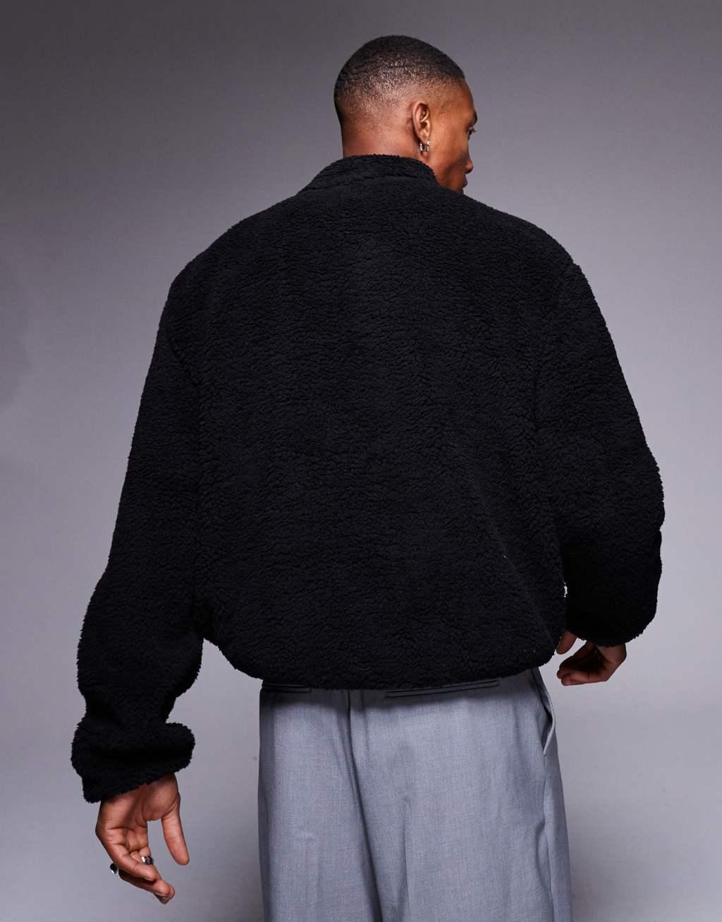 ASOS DESIGN boxy oversized half zip borg sweatshirt in black Product Image