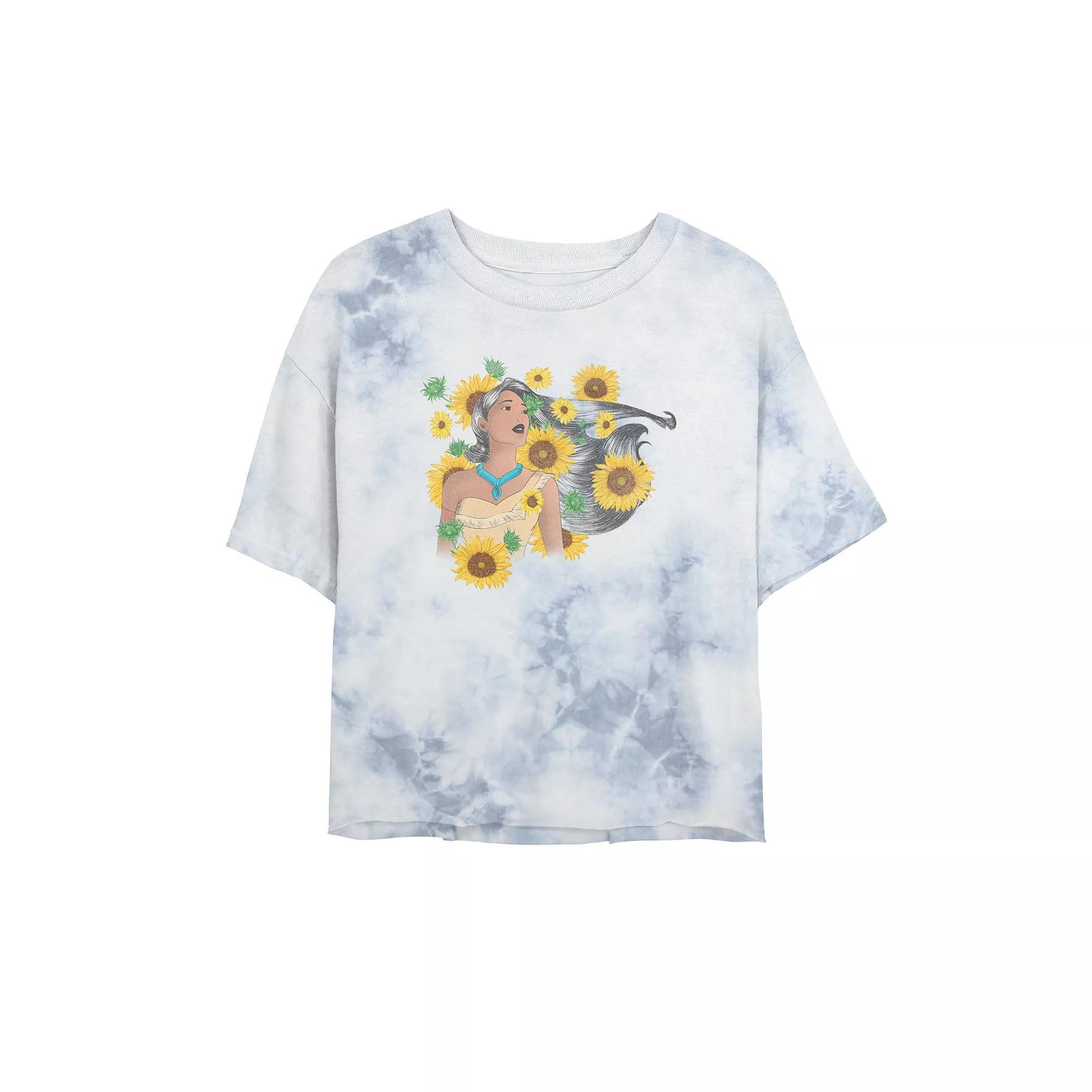 Juniors' Disney Princess Pocahontas Sunflower Floral Portrait Bombard Wash Crop Graphic Tee, Women's, Size: Large, White Blue Product Image