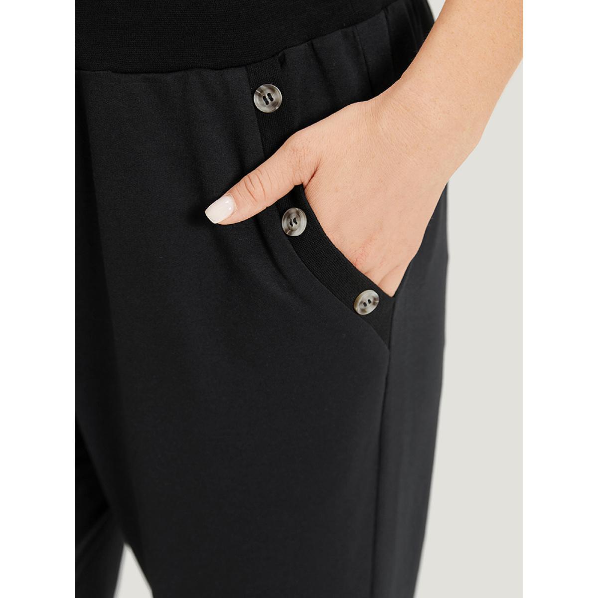 Plain Pocket Button Detail High Rise Sweatpants Black Plus Size Women Casual Dailywear Plain 14-16/1X Bloomchic Product Image