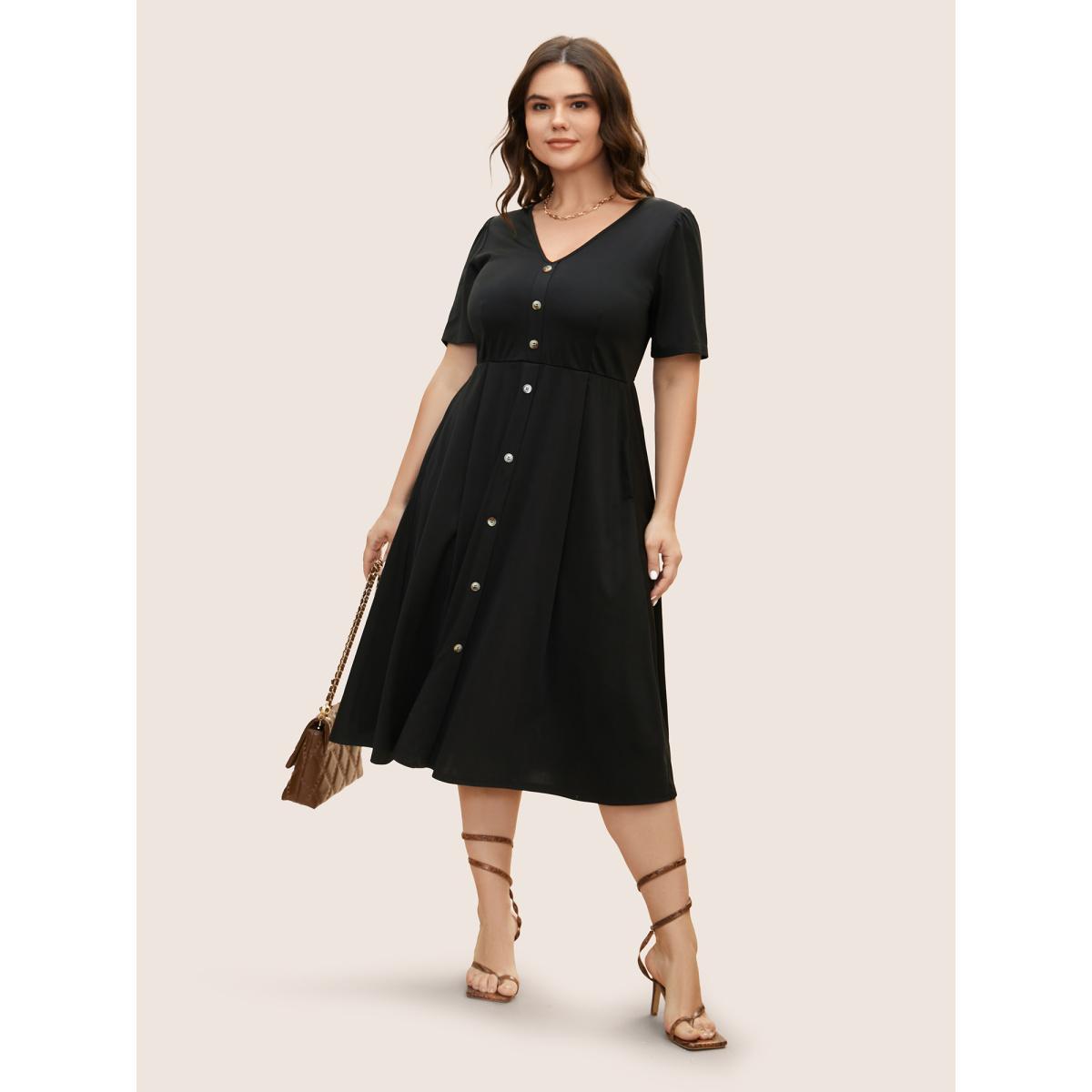 Plus Size V Neck Button Detail Elastic Waist Midi Dress Black Women At the Office Button V-neck Short sleeve Curvy BloomChic 18-20/2X Product Image