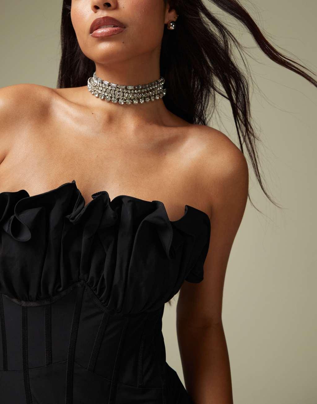 ASOS DESIGN exaggerated ruffle bandeau corset midi dress in black Product Image