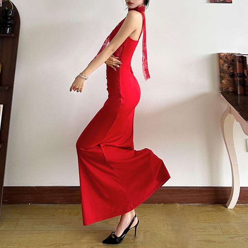 Spaghetti Strap V-Neck Plain Ruched Panel Lace Maxi Sheath Dress Product Image