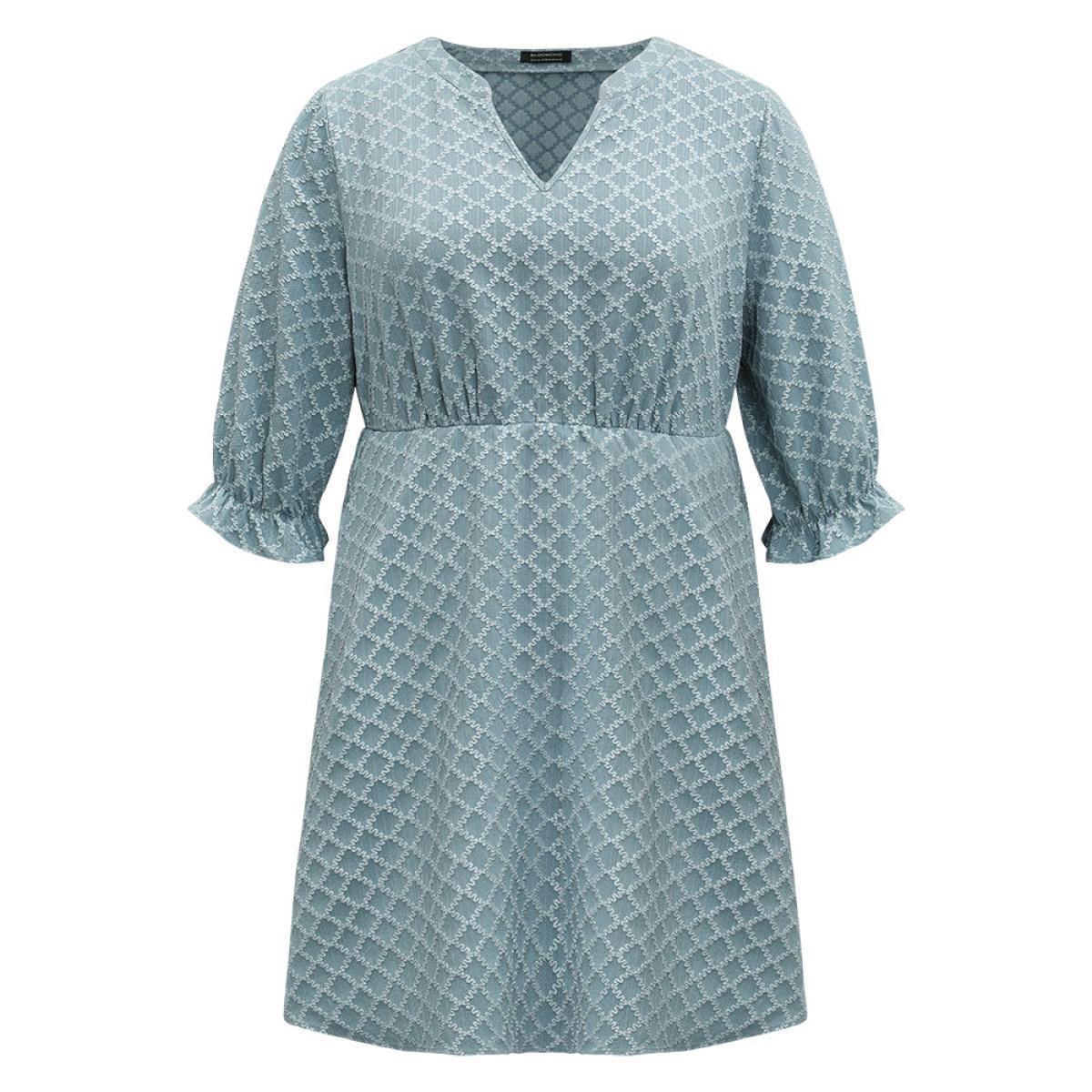 Plus Size Geo Plisse Pocket Lantern Sleeve Notched Dress Stone Women Office Elastic cuffs Notched collar Half Sleeve Curvy Knee Dress BloomChic 26/4X Product Image