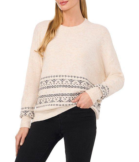 CeCe Fair Isle Jersey Knit Crew Neck Dropped Long Sleeve Pullover Sweater Product Image
