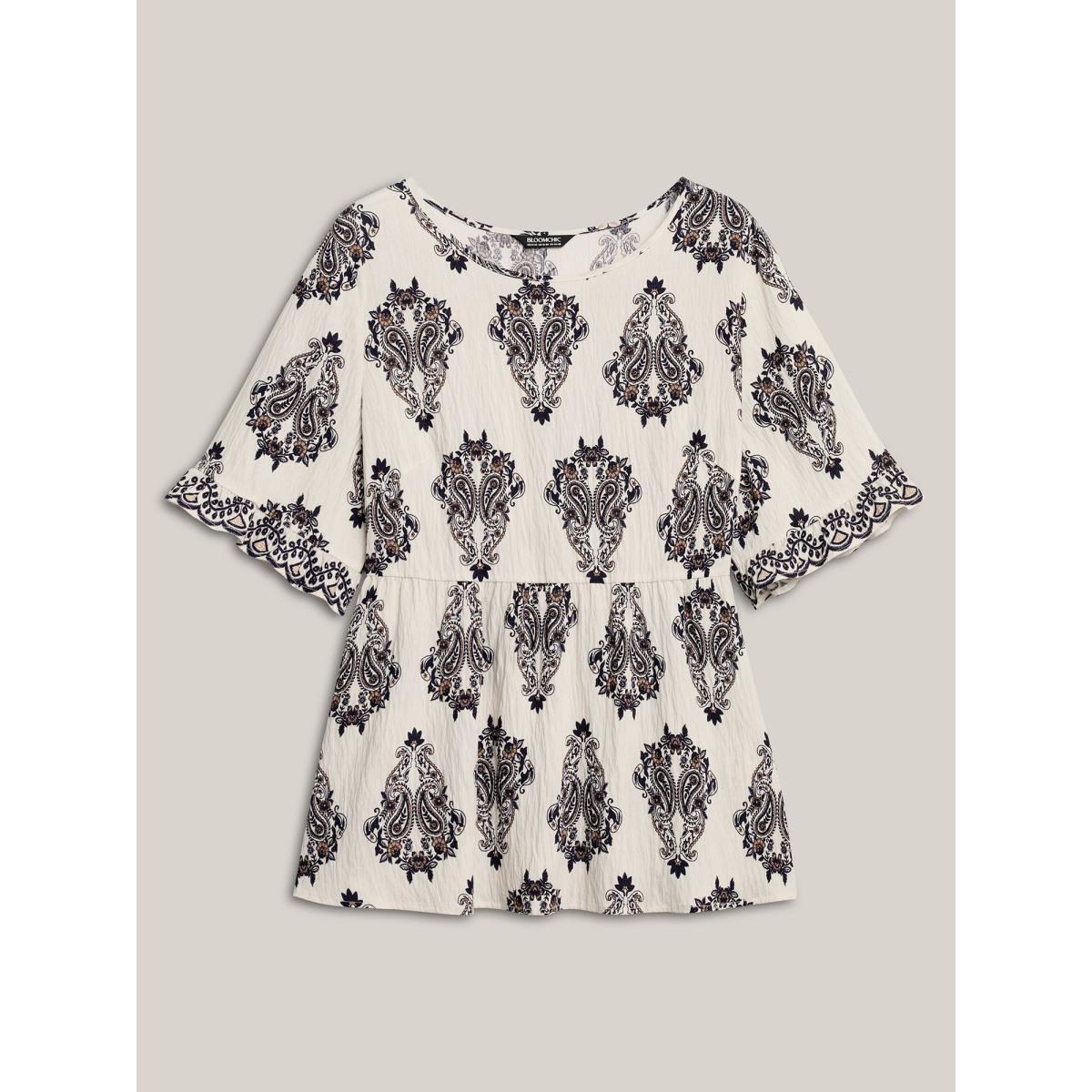Plus Size Indigo Paisley Print Lotus Leaf Cuffs Blouse Women Short sleeve Round Neck Vacation Blouses BloomChic 12/L Product Image