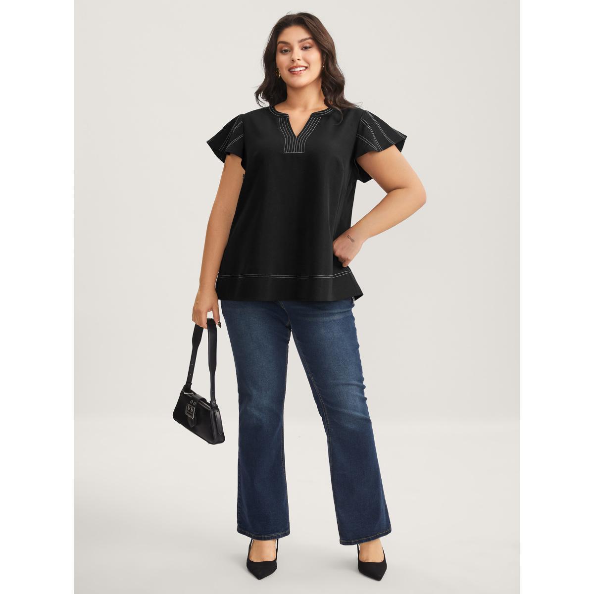 Plus Size Black Color Block Stripe Flutter Sleeve Blouse Women Cap Sleeve Notched collar Work Blouses BloomChic 12/L Product Image