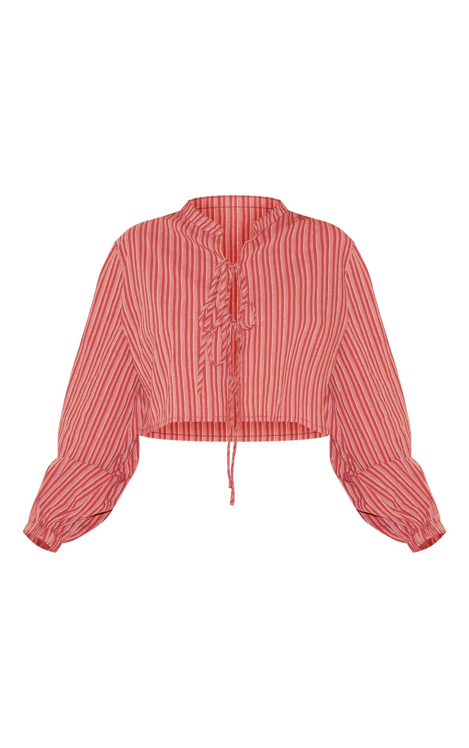  Red Striped Linen Cropped Shirt Product Image