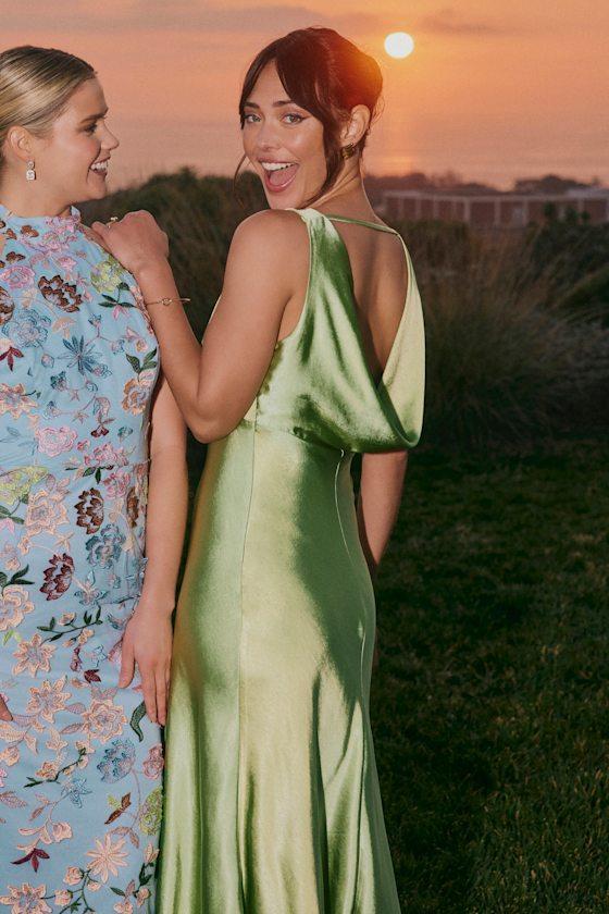Incredible Love Lime Green Satin Cowl Back Midi Slip Dress Product Image