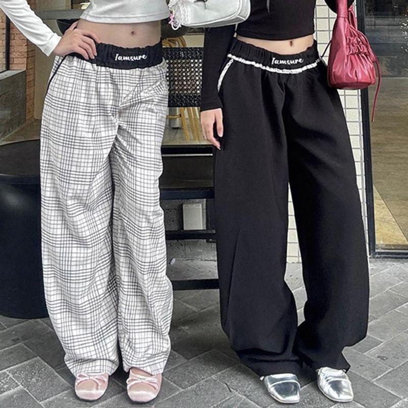Low Rise Lettering Print Contrast-Trim Loose-Fit Wide-Leg Sweatpants Product Image