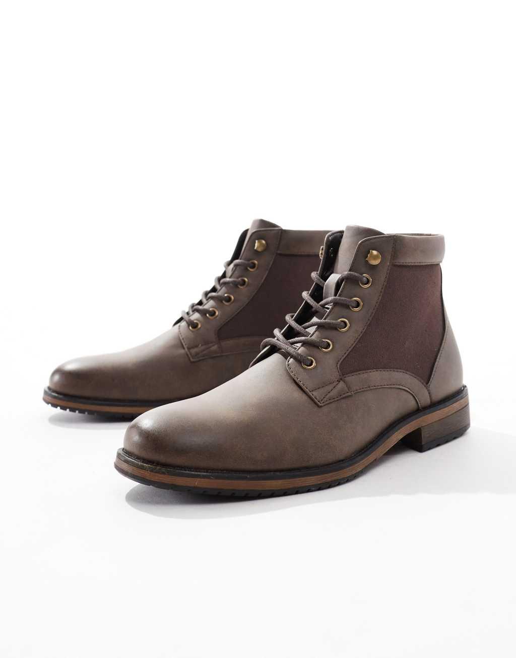ASOS DESIGN lace up worker boots in brown with canvas detail Product Image
