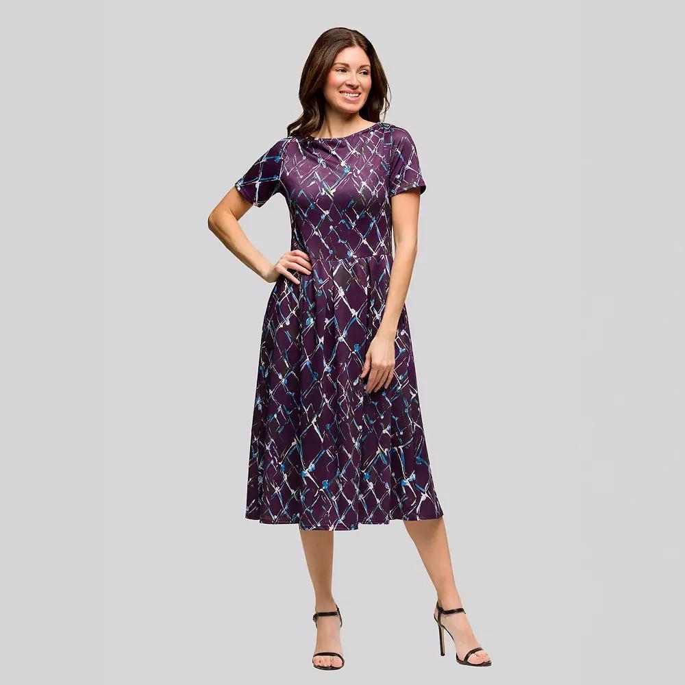 Women's 24Seven Comfort Apparel Short Sleeve Pleated Flare Midi Pocket Dress, Size: Medium, Purple Team Product Image