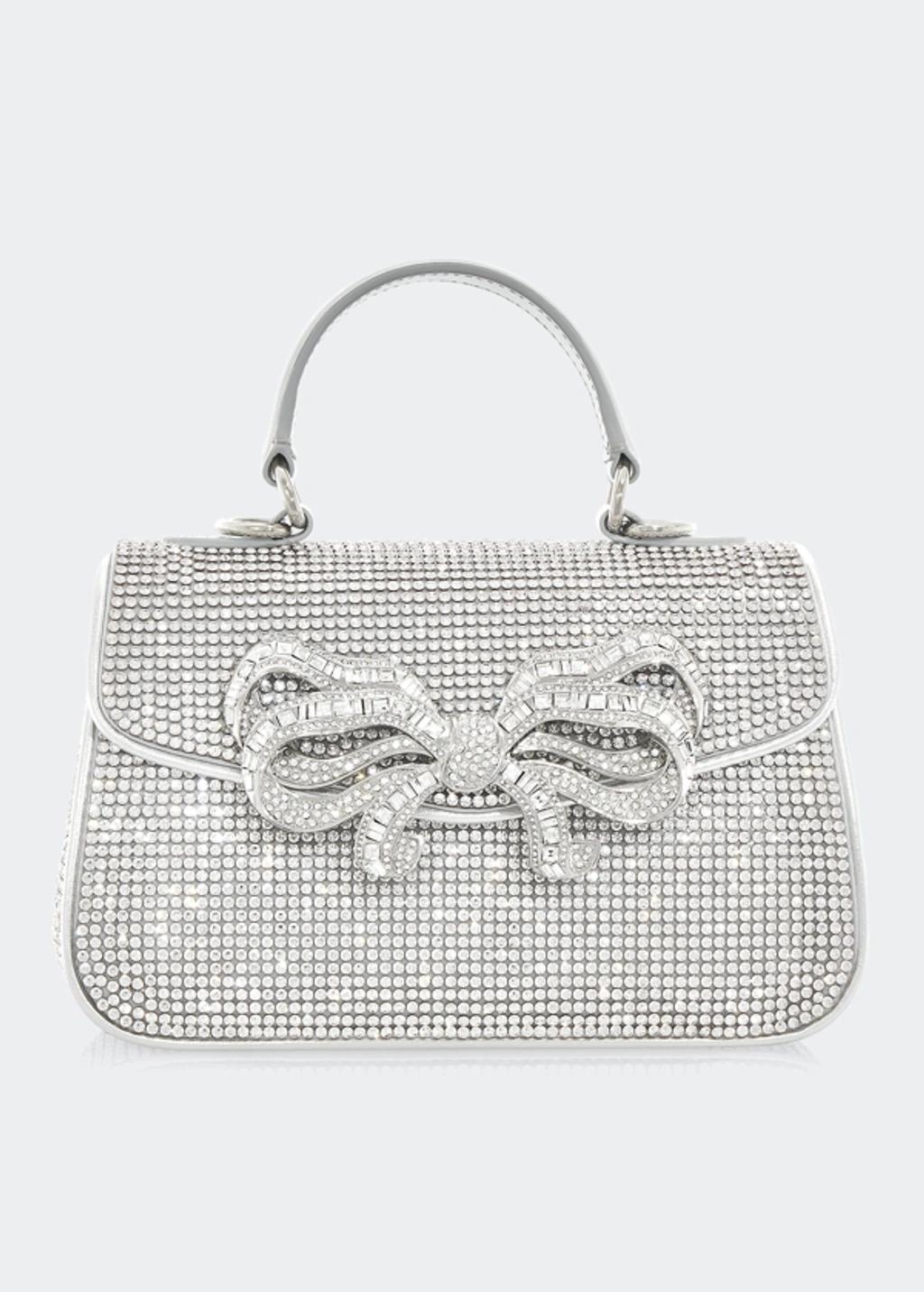 JUDITH LEIBER Mini Crystal-embellished Bow-detailed Metallic Leather Tote In Shine Silver Rhine Product Image