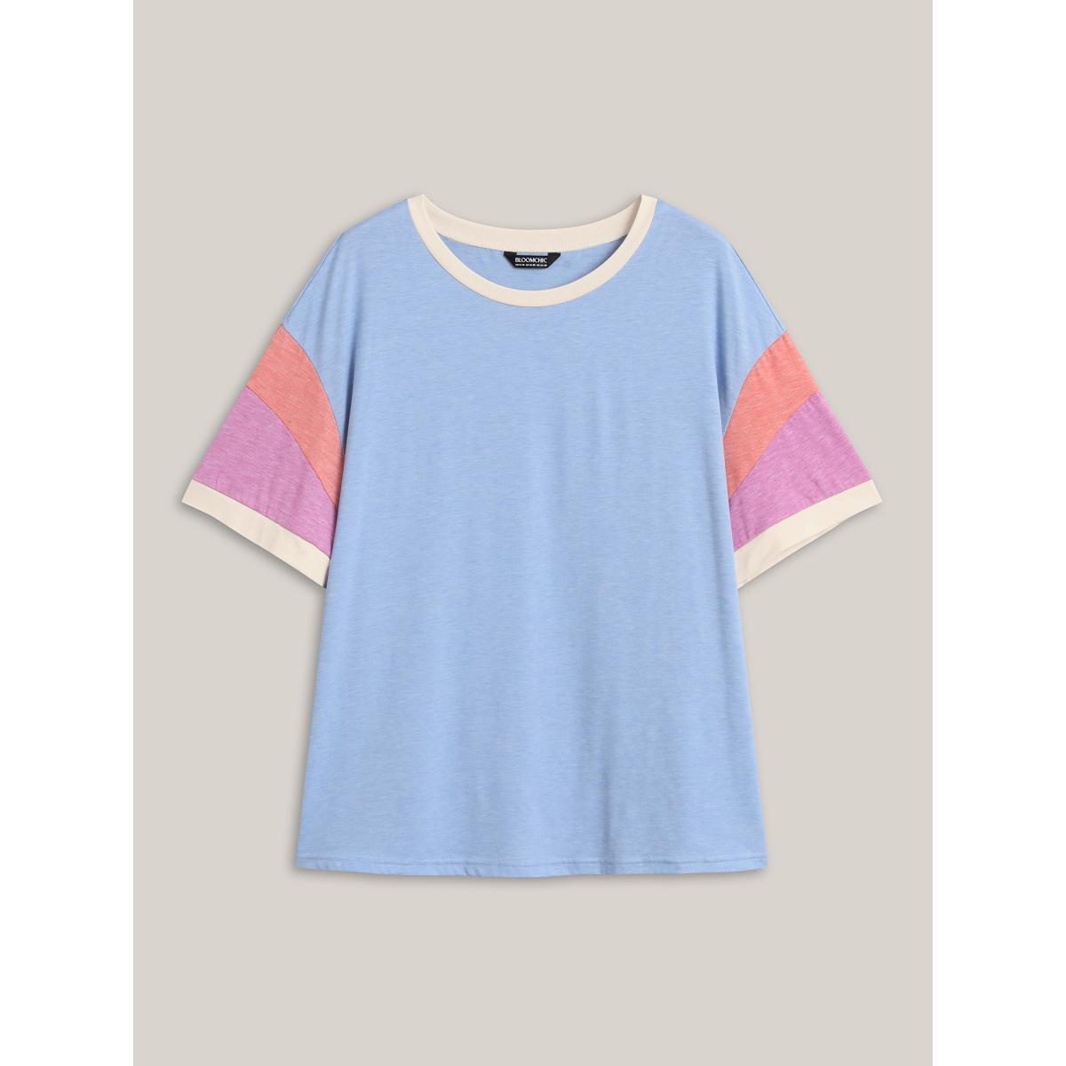 Plus Size Supersoft Stretchy Color Contrast T-Shirt LightBlue Women Contrast Round Neck Everyday-Casual T-shirts BloomChic 28/5X Product Image