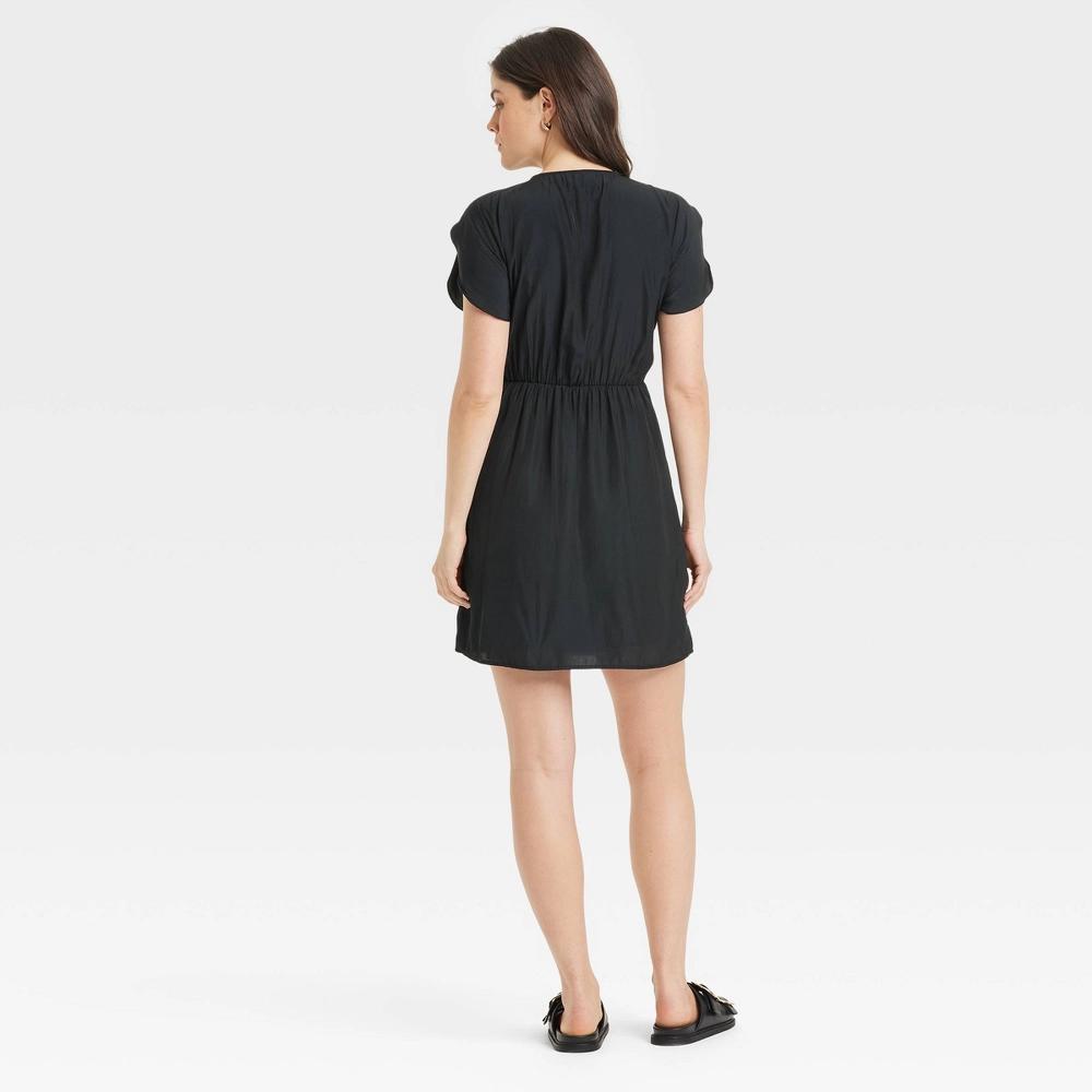 Womens Tie-Front Flutter Short Sleeve Mini A-Line Dress - Universal Thread Black S: Recycled Polyester, Side Pocket, Woven Fabric Product Image