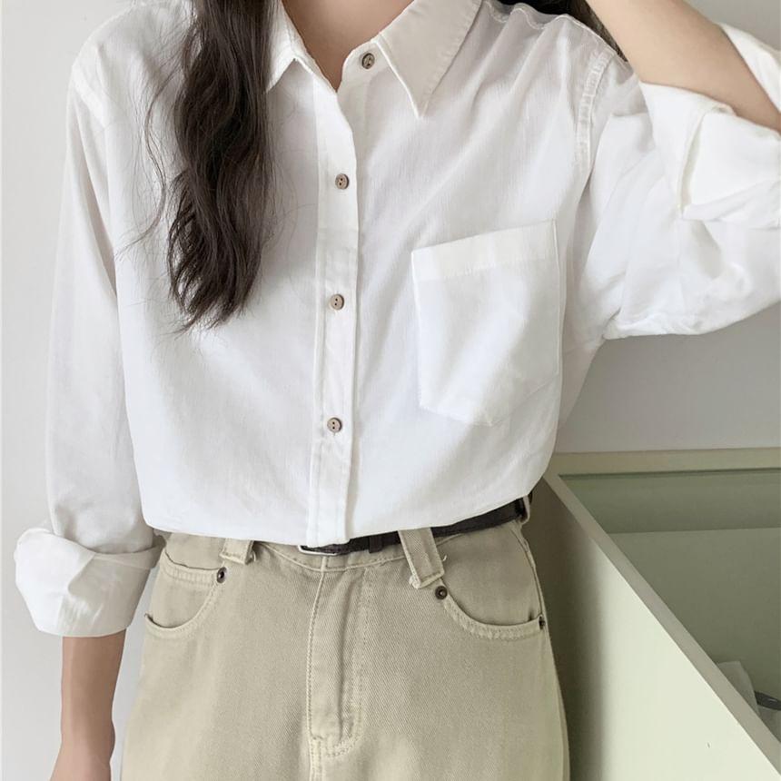 Long-Sleeve Pocketed Plain Shirt Product Image