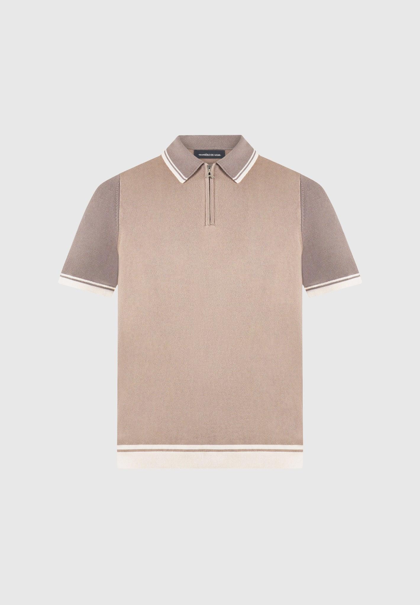 Colour Block Zip Polo Shirt - Taupe Male Product Image