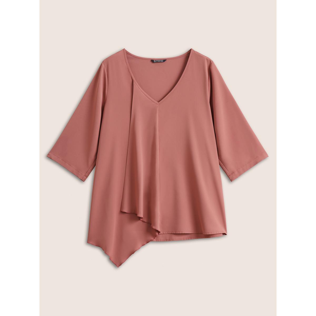 Plus Size DustyPink Static-Free Plain Asymmetrical Hem Patchwork Blouse Women Work From Home Elbow-length sleeve V-neck Work Blouses BloomChic 18-20/2X Product Image