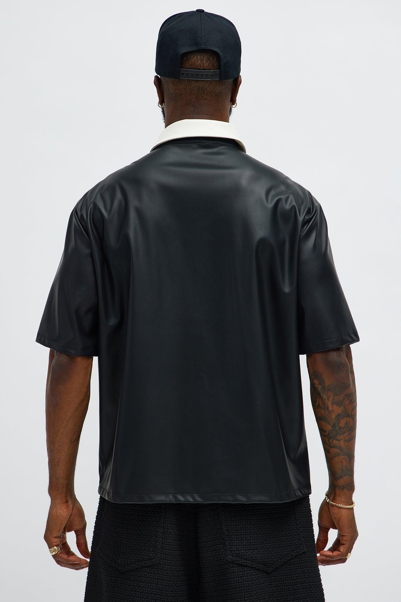 Cropped Colored Collar Faux leather Button Up Shirt - Black Product Image