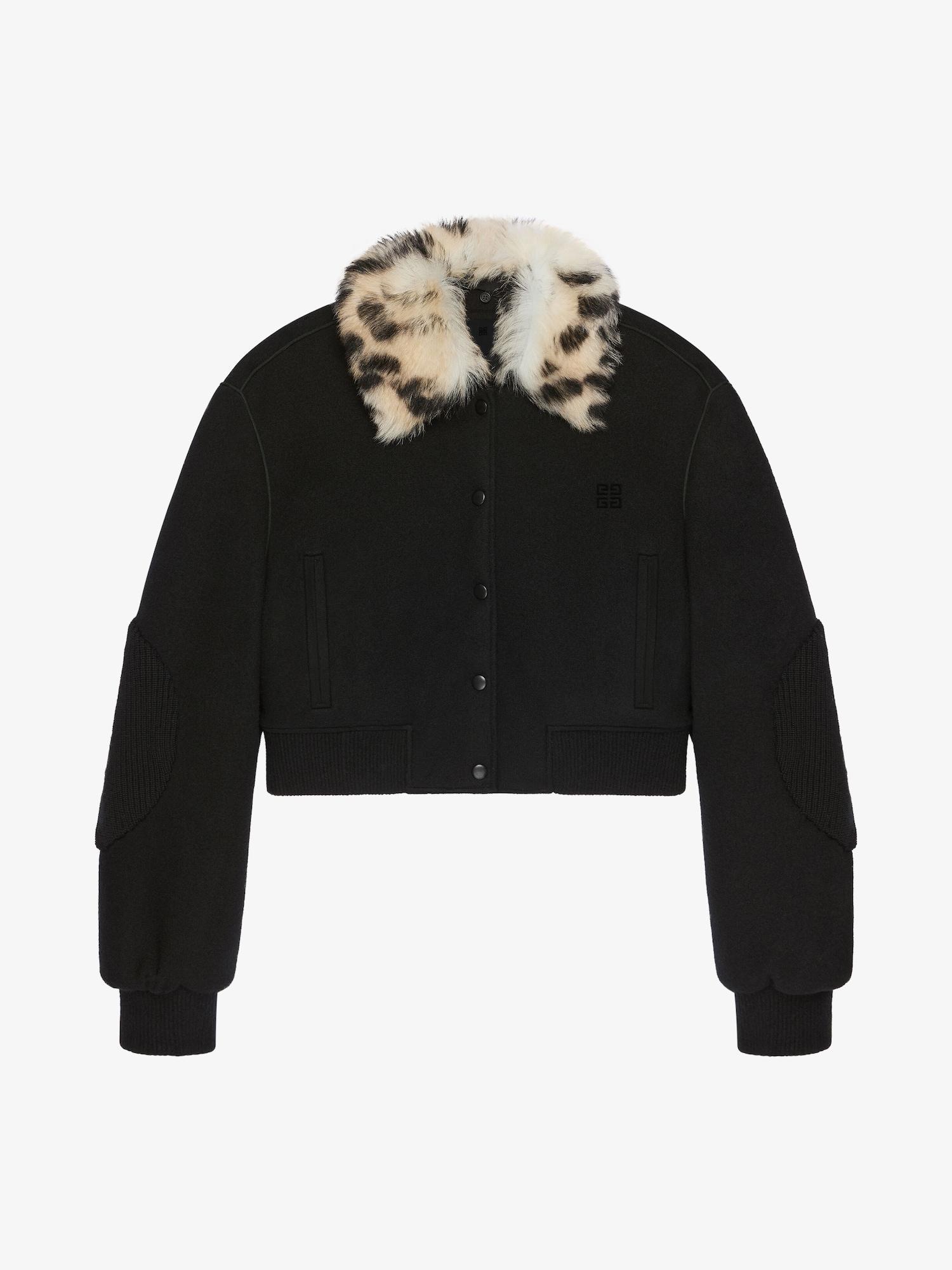 Cropped varsity jacket in wool and leopard print fur Product Image