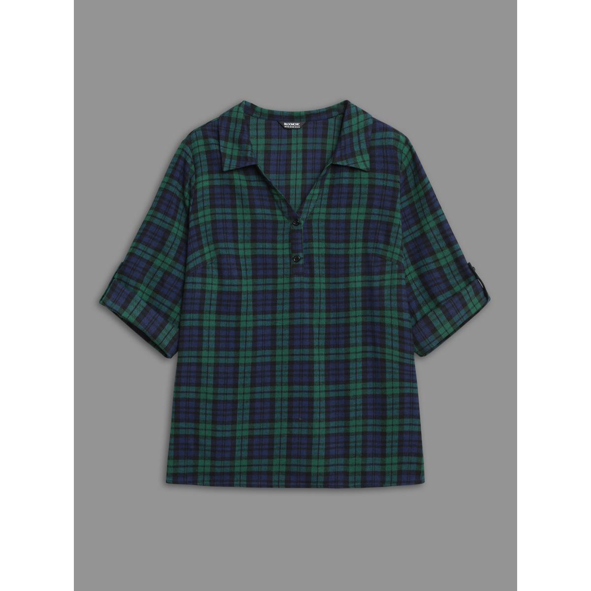 Plus Size DarkGreen Plaid Print Tab Sleeve Blouse Women At the Office Elbow-length sleeve Shirt collar Work Blouses BloomChic 18-20/2X Product Image